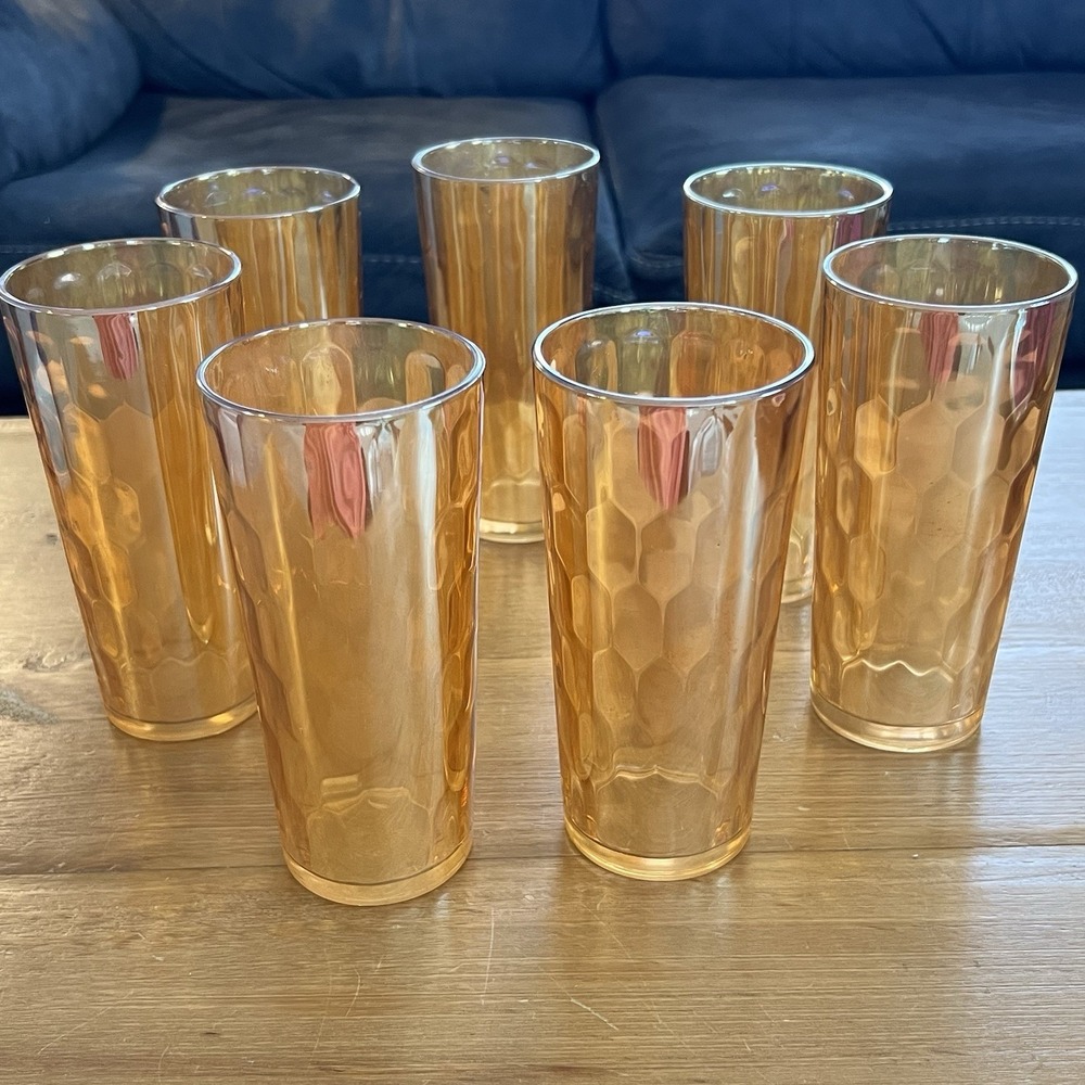 Vintage Amber Iridescent Carnival Glass Tumblers Set of 7 Honeycomb Whimsical